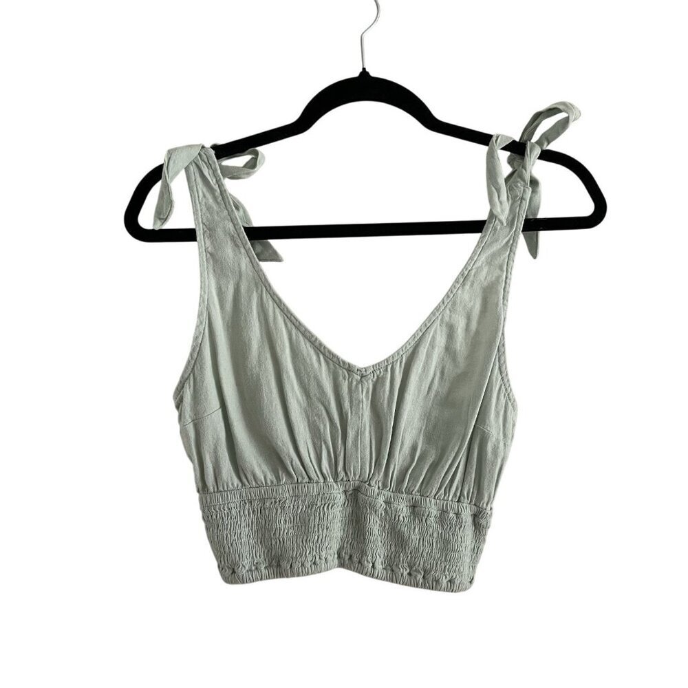 Hollister Women L Mint Green Linen Blend Tie Shoulder Smocked Crop Tank Top NWT